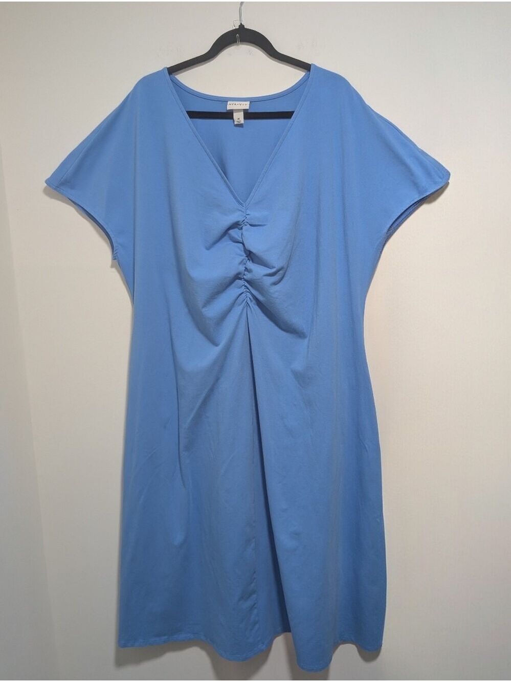Ava & Viv | Ruched V-Neck Short Sleeve Dress In Blue